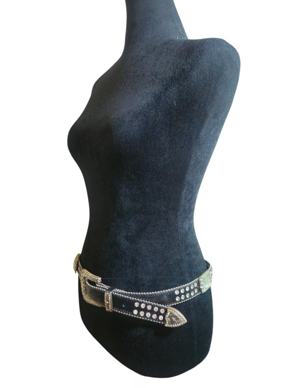 Women's Moto Studded Black& Silver Rhinestone Embellished Faux Leather Belt S/M